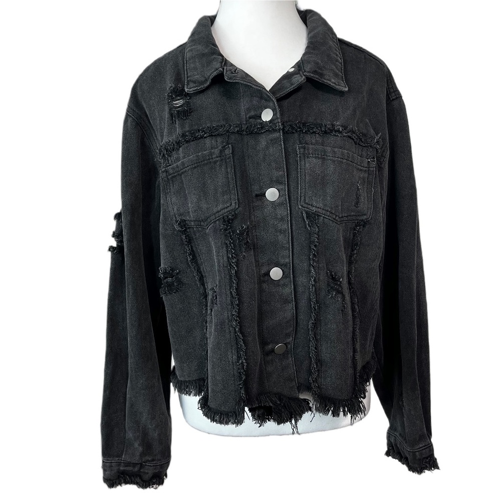 POL Star Spangled Kisses Washed Black Distressed Denim Jean Jacket M Boho - Picture 3 of 9